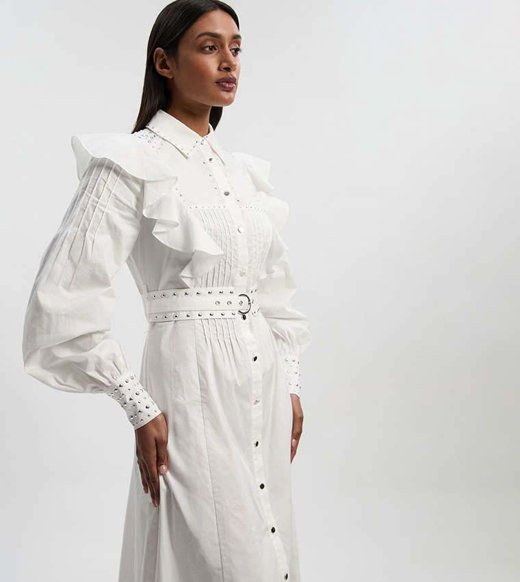 فستان قميص ماكسي منسوج كم بيشوب مزين للمقاسات الصغيرة