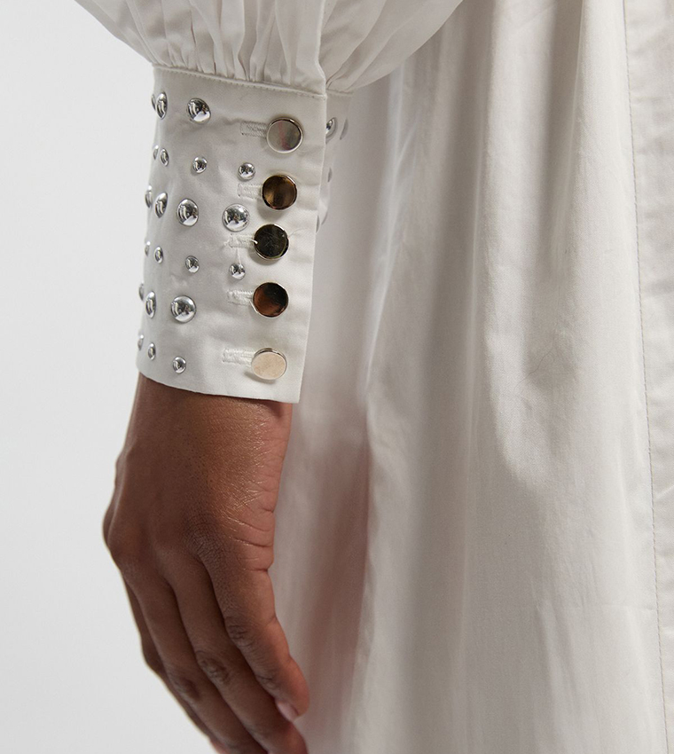 فستان قميص ماكسي منسوج كم بيشوب مزين للمقاسات الصغيرة