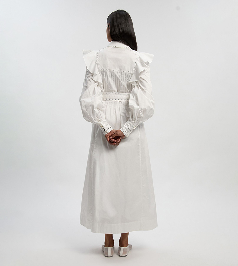 فستان قميص ماكسي منسوج كم بيشوب مزين للمقاسات الصغيرة