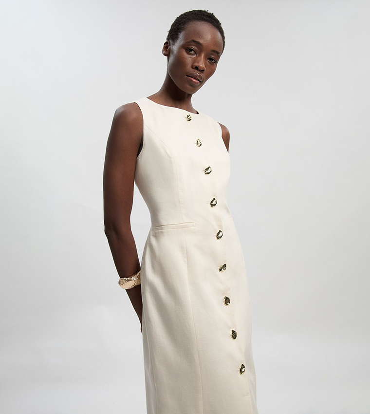 فستان ميدي لينن بأزرار أمامية