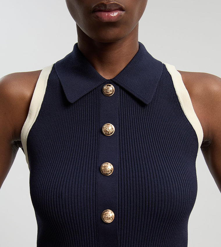 Petite Ribbed Knit Military Sleeveless Midi Dress