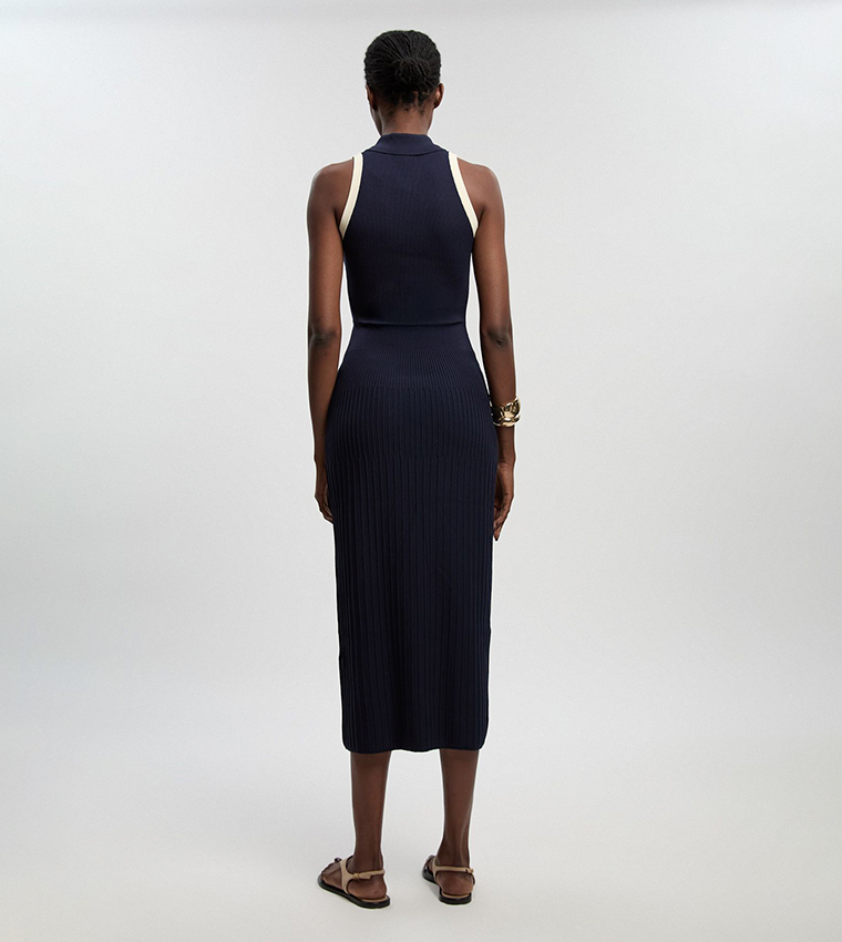 Petite Ribbed Knit Military Sleeveless Midi Dress