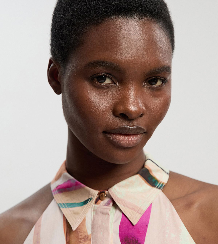 Petite Marble Print Collared Halterneck Midi Shirt Dress