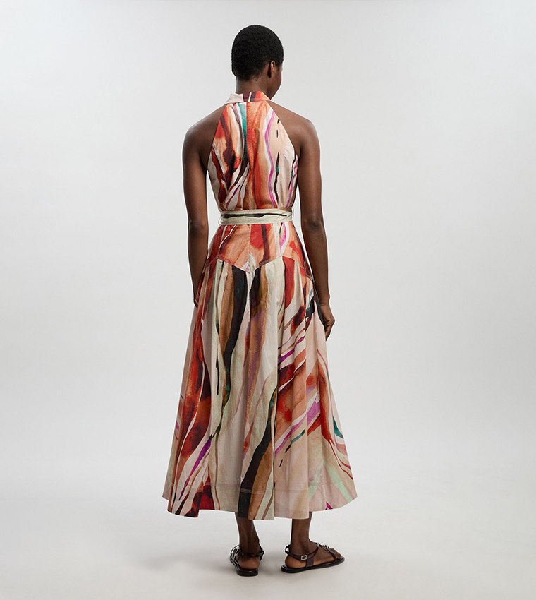 Petite Marble Print Collared Halterneck Midi Shirt Dress