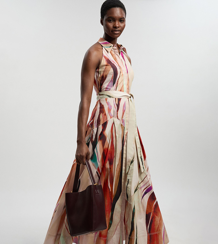 Marble Print Collared Halterneck Midi Shirt Dress