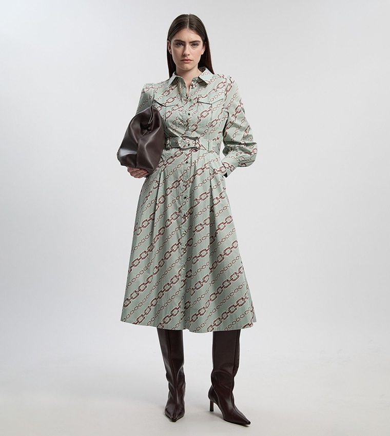 فستان قميص ميدي بحزام للمقاسات الصغيرة