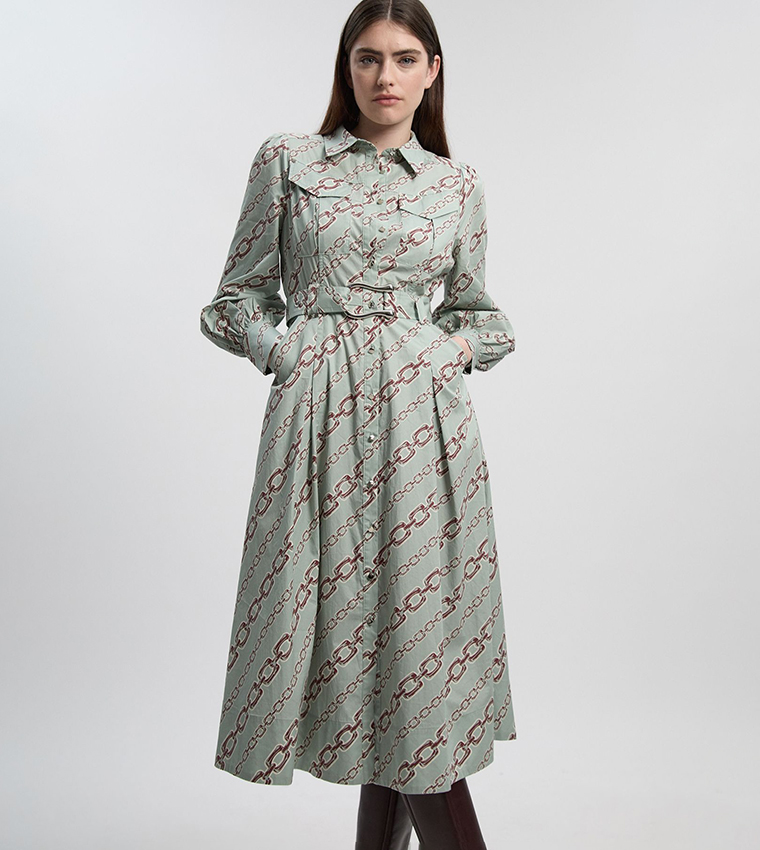 فستان قميص ميدي بحزام للمقاسات الصغيرة