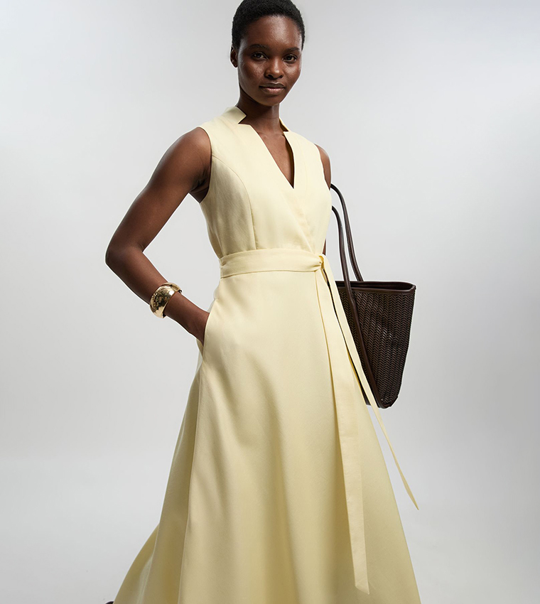 Tailored Linen Wrap Tie Waisted Maxi Dress