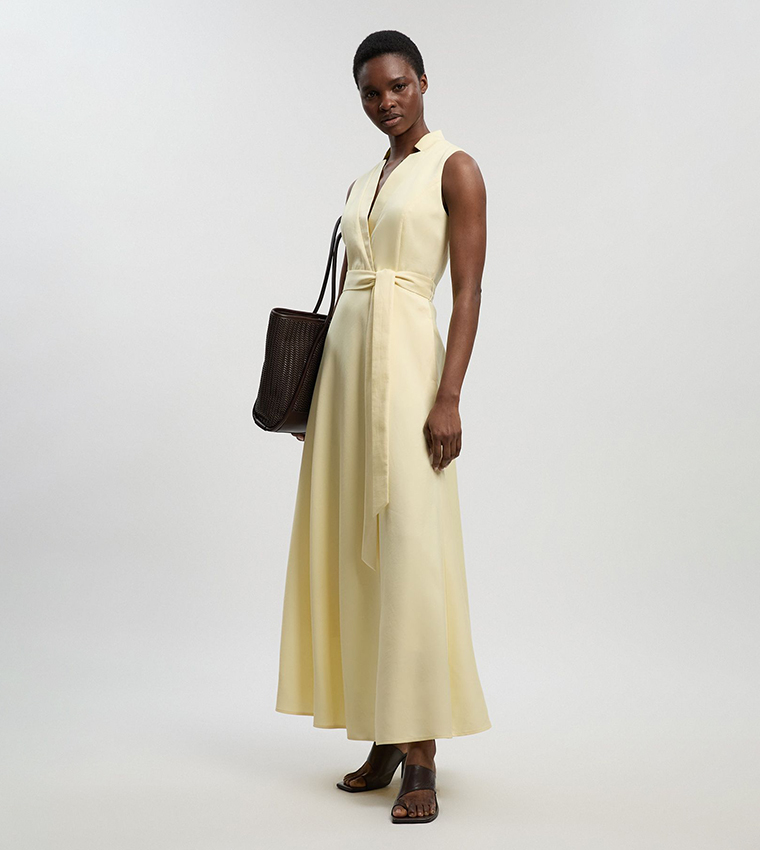 Tailored Linen Wrap Tie Waisted Maxi Dress