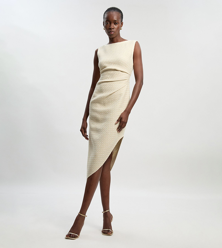 karen millen dress beige Karen Millen Cream Knitted Midi Dress With Pu Detailing