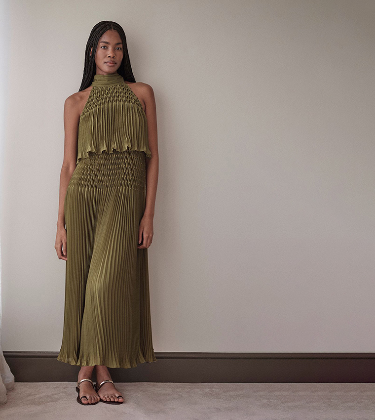 Buy Karen Millen Placement Pleated Halterneck Maxi Dress In Green |  6thstreet Oman