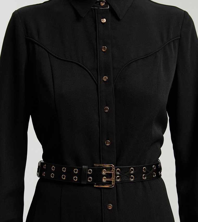 Twill Contrast Woven Midi Shirt Dress