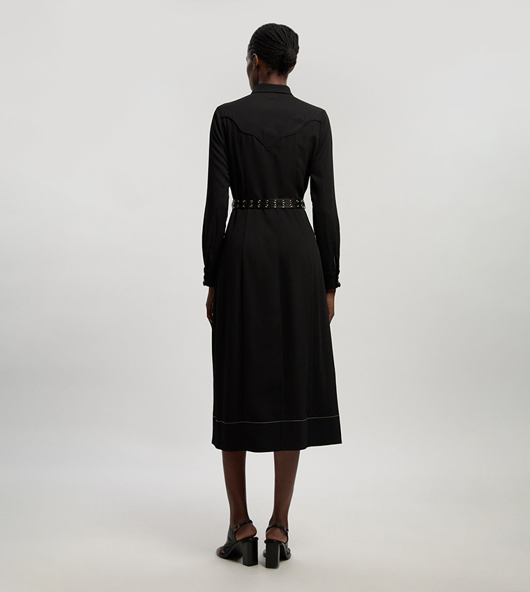 Twill Contrast Woven Midi Shirt Dress