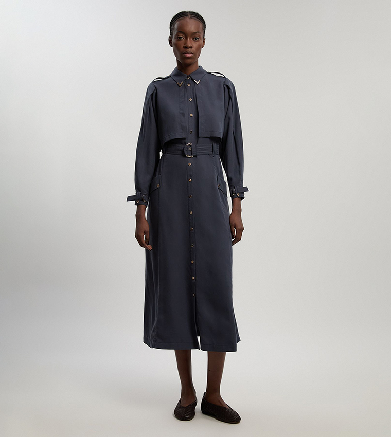 Cupro Utility Twill Woven Shirt Dress with Belt Detail