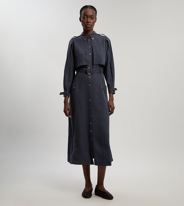 Petite Cupro Utility Twill Woven Shirt Dress with Belt Detail