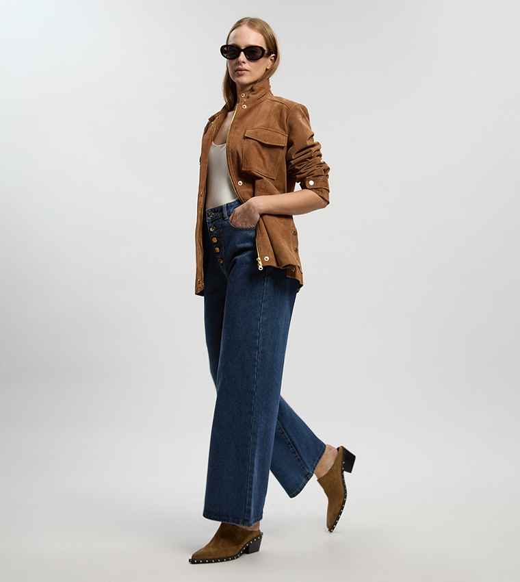 Washed Button Front Straight Fit Jeans