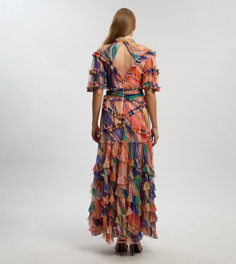 فستان ماكسي تول بكشكش وطبعة 