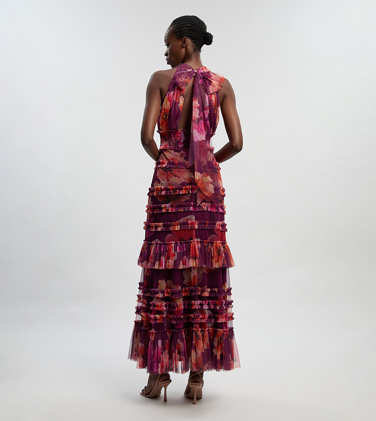 فستان ماكسي تول بقبة هالتر وطبعة ورود