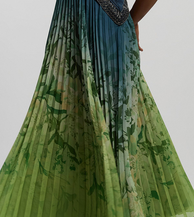 Embellished Ombre Floral Pleated Woven Midaxi Dress