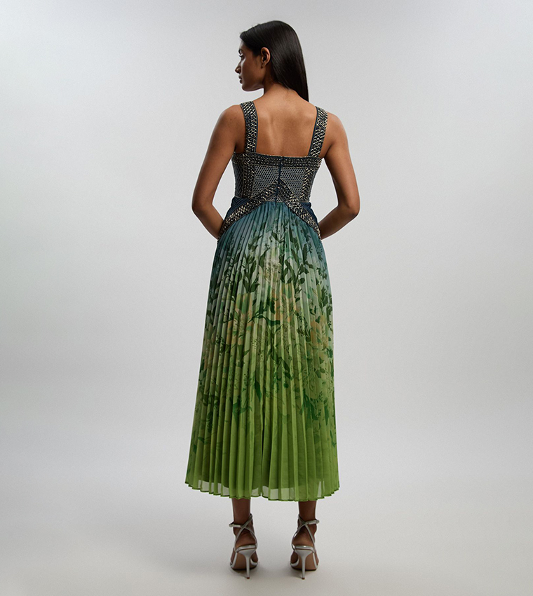 Embellished Ombre Floral Pleated Woven Midaxi Dress