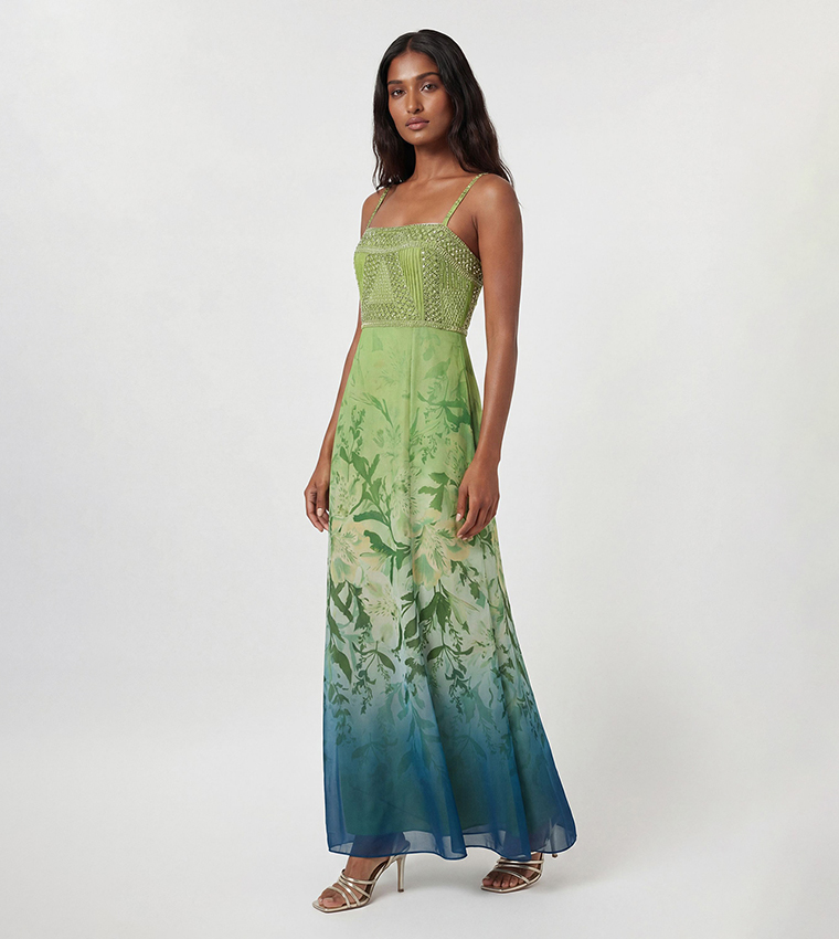 Embellished Ombre Floral Pleated Woven Bandeau Maxi Dress