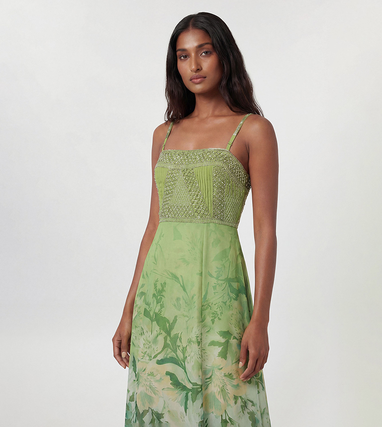 Embellished Ombre Floral Pleated Woven Bandeau Maxi Dress