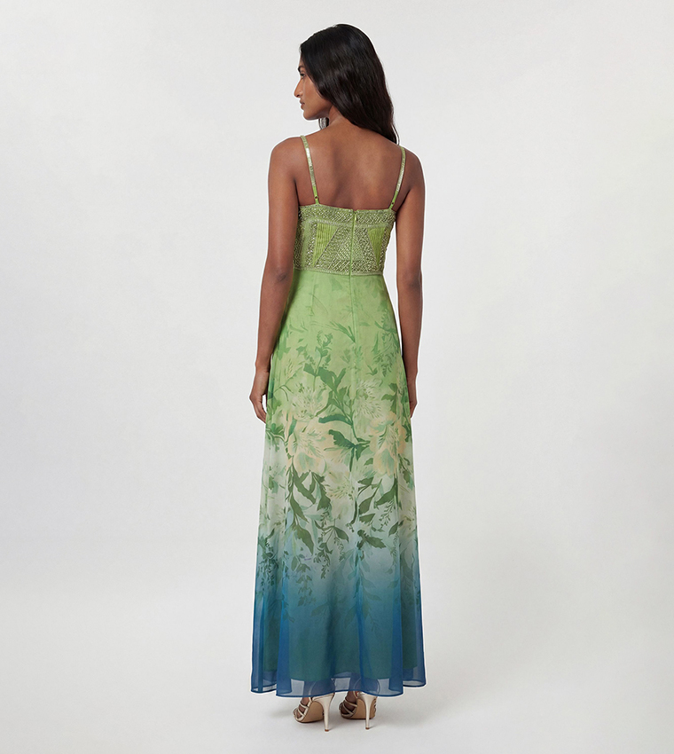 Embellished Ombre Floral Pleated Woven Bandeau Maxi Dress