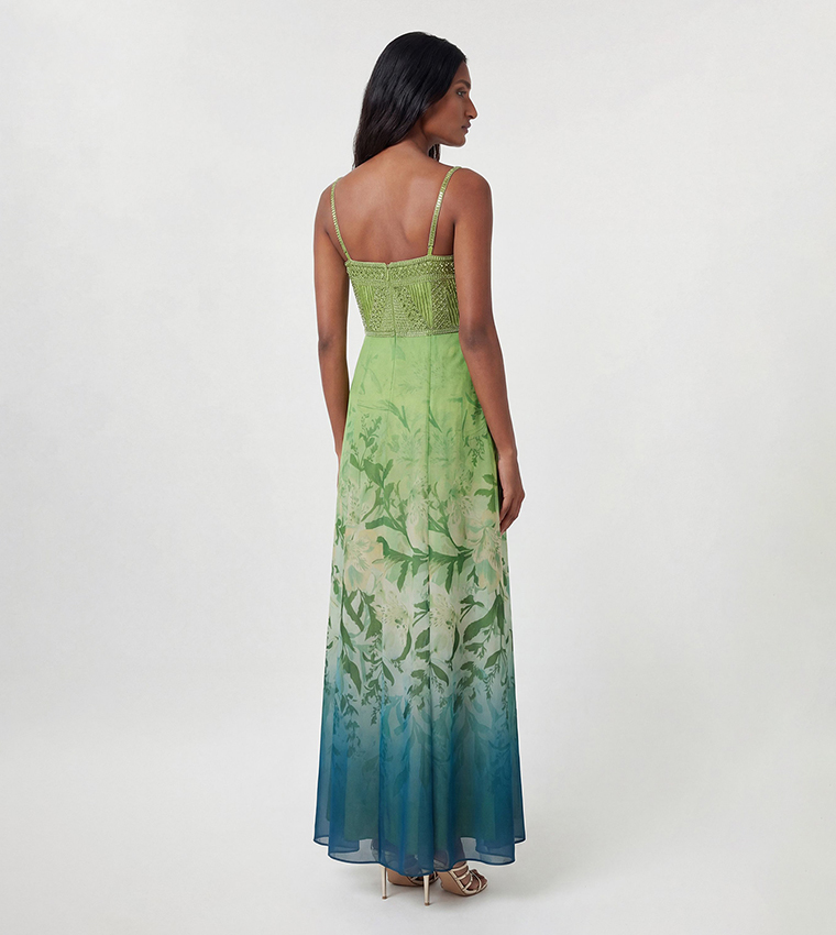Petite Embellished Ombre Floral Pleated Woven Bandeau Maxi Dress