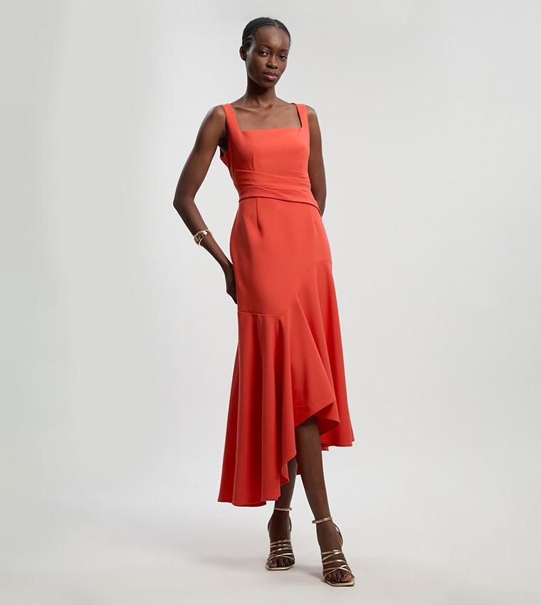 Compact Stretch Strappy Asymmetric Hem Midi Dress