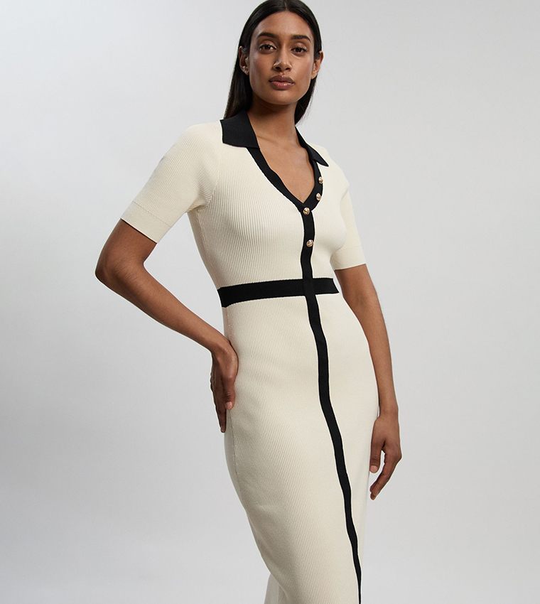 Knit Ribbed Contrast Waist Detail Collared Short Sleeves Midi Dress