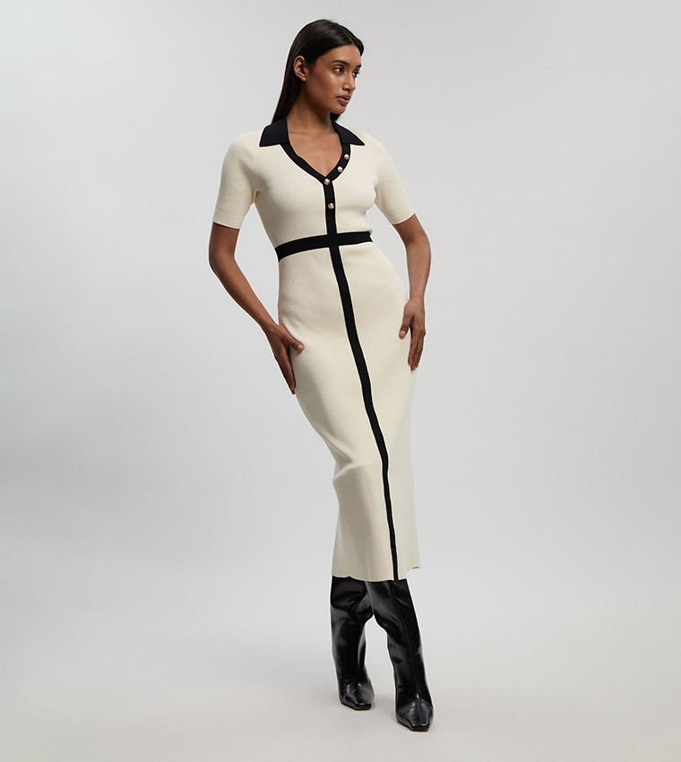 Knit Ribbed Contrast Waist Detail Collared Short Sleeves Midi Dress