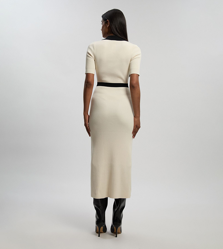 Knit Ribbed Contrast Waist Detail Collared Short Sleeves Midi Dress