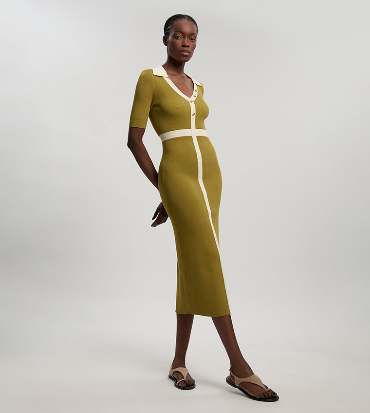 Knit Ribbed Contrast Waist Detail Collared Short Sleeves Midi Dress