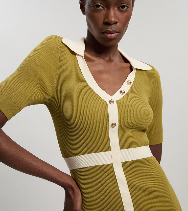 Knit Ribbed Contrast Waist Detail Collared Short Sleeves Midi Dress