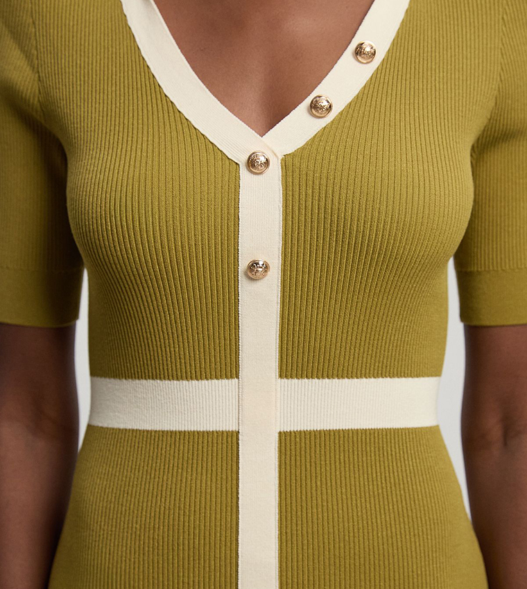 Knit Ribbed Contrast Waist Detail Collared Short Sleeves Midi Dress