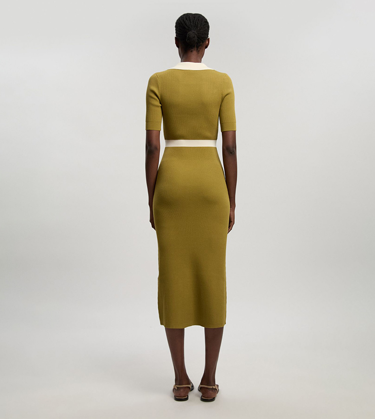 Knit Ribbed Contrast Waist Detail Collared Short Sleeves Midi Dress