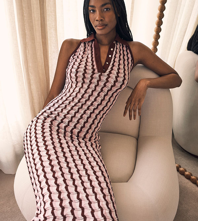 Knit Contrast Collar Pointelle Sleeveless Midi Dress