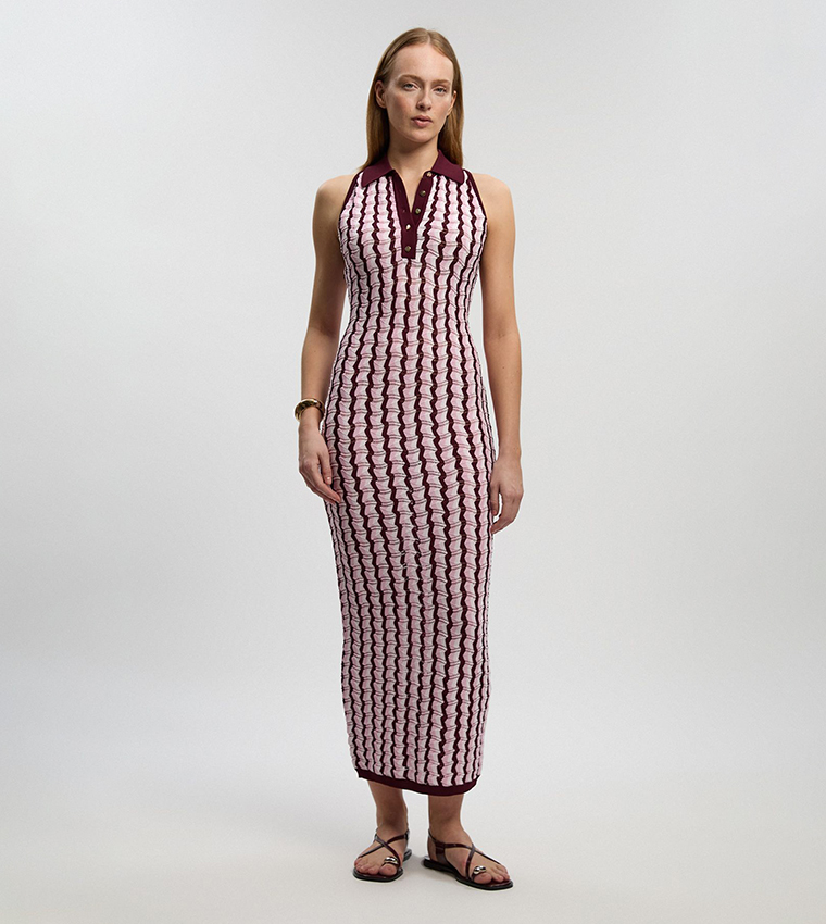 Knit Contrast Collar Pointelle Sleeveless Midi Dress