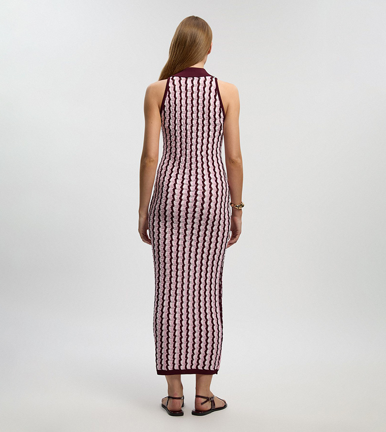 Knit Contrast Collar Pointelle Sleeveless Midi Dress