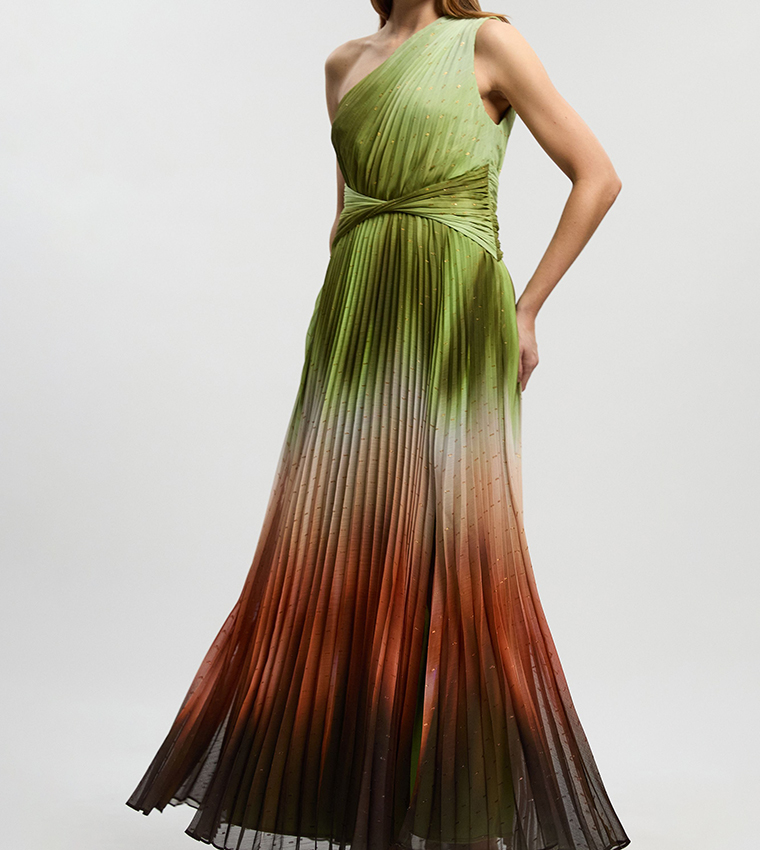 Petite Metallic Ombre Print One Shoulder Woven Maxi Dress