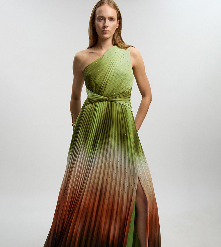 Metallic Thread Ombre Print One Shoulder Woven Maxi Dress