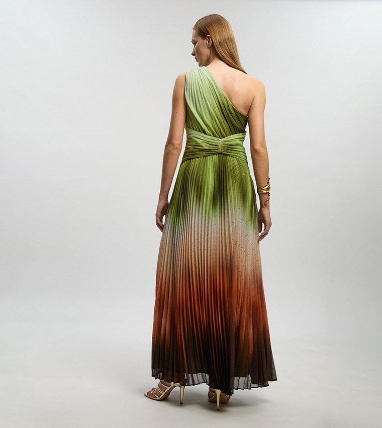 Metallic Thread Ombre Print One Shoulder Woven Maxi Dress