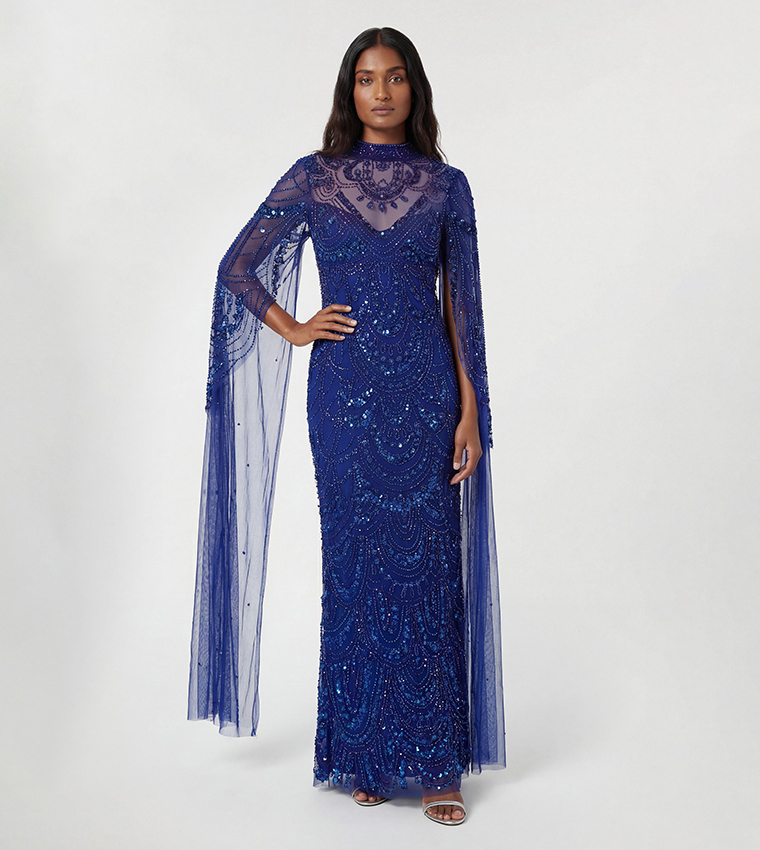 Petite Premium Beaded Embellished Woven Midaxi Cape Dress