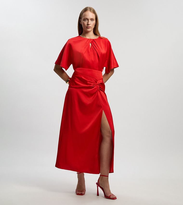 Satin Back Crepe Twist Detail Woven Midaxi Dress