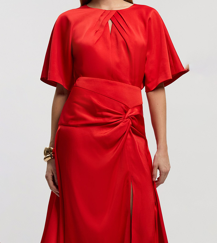 Satin Back Crepe Twist Detail Woven Midaxi Dress