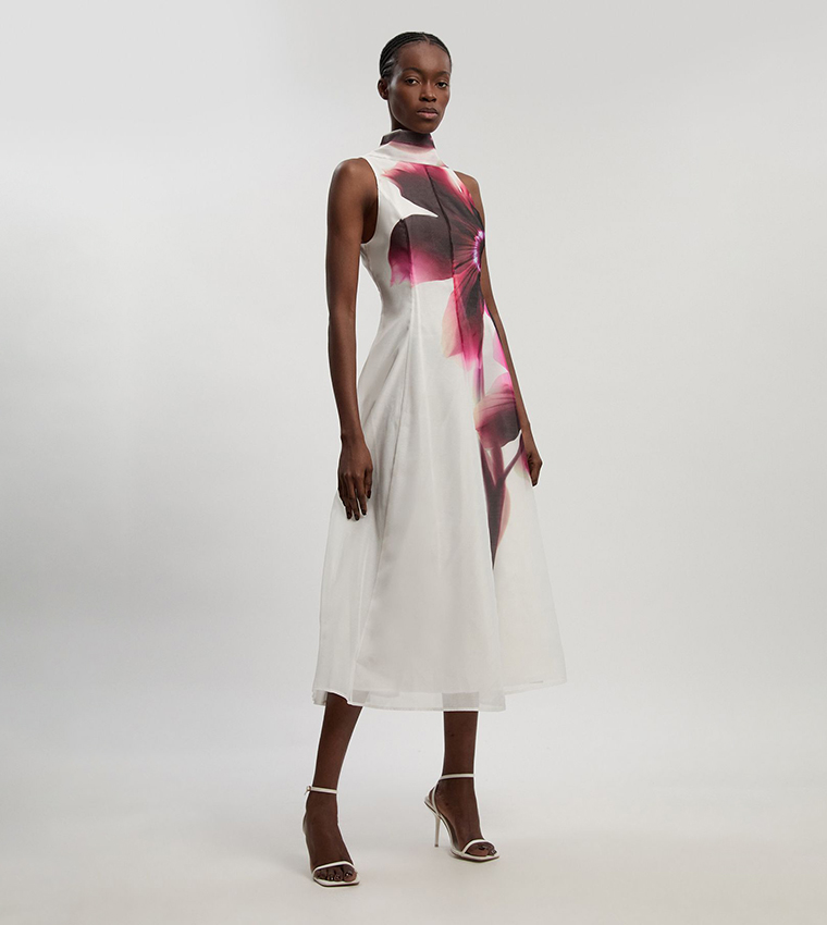 Buy Karen Millen Petite Floral Organza Scarf Detail Woven Midi Dress In  White | 6thStreet Qatar