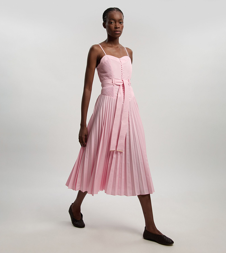 Buy Karen Millen Cotton Top Stitch Dropped Waist Woven Strappy Midi Dress  In Light Pink | 6thstreet UAE