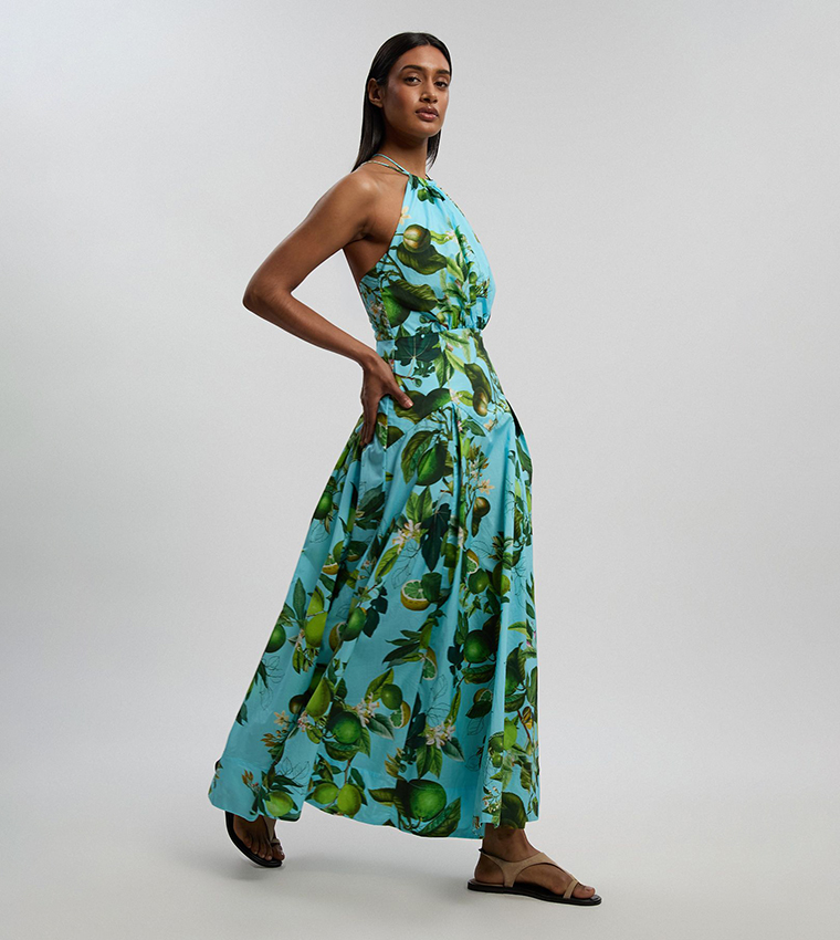 Buy Karen Millen Petite Printed Cotton Halter Neck Woven Maxi Dress In Blue  | 6thStreet Qatar