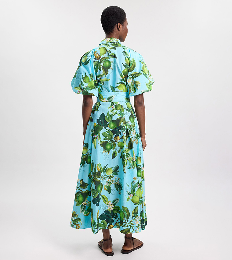 Petite Lime Print Puff Sleeves Woven Midi Shirt Dress
