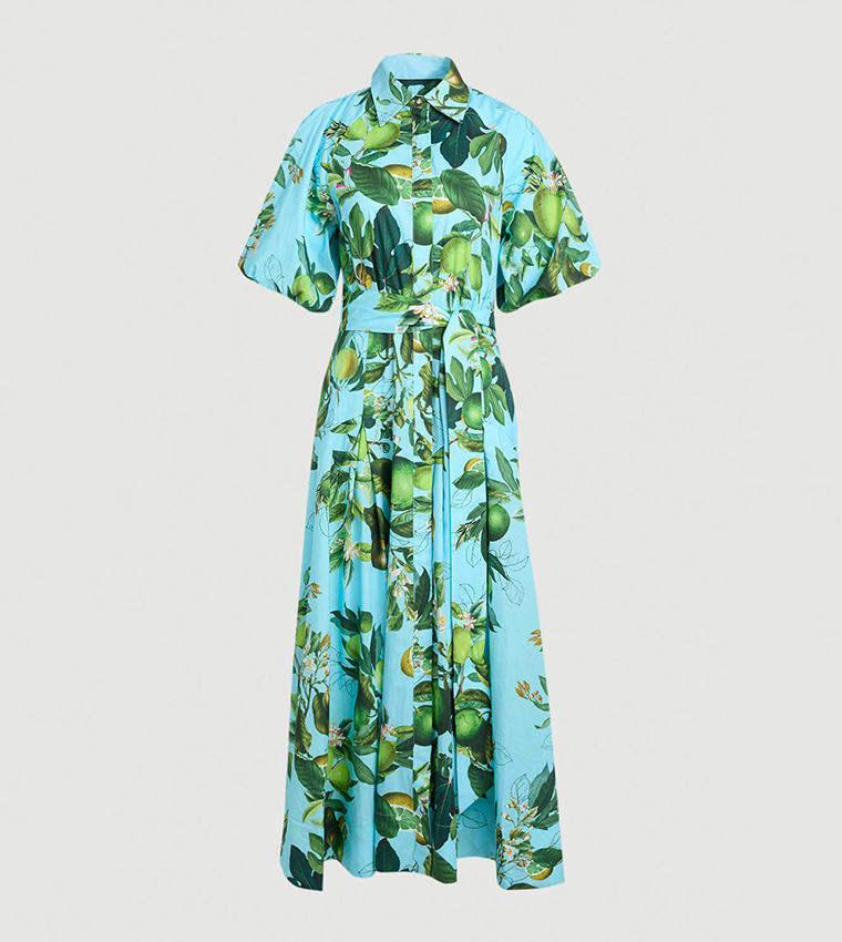 Petite Lime Print Puff Sleeves Woven Midi Shirt Dress